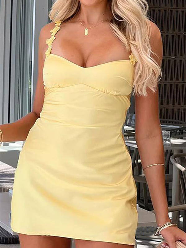 Yellow Bodycon Tight Flower Straps Satin Short Homecoming Dress