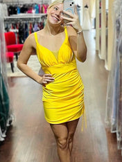 Yellow Empire V Neck Ruched Tight Homecoming Dress