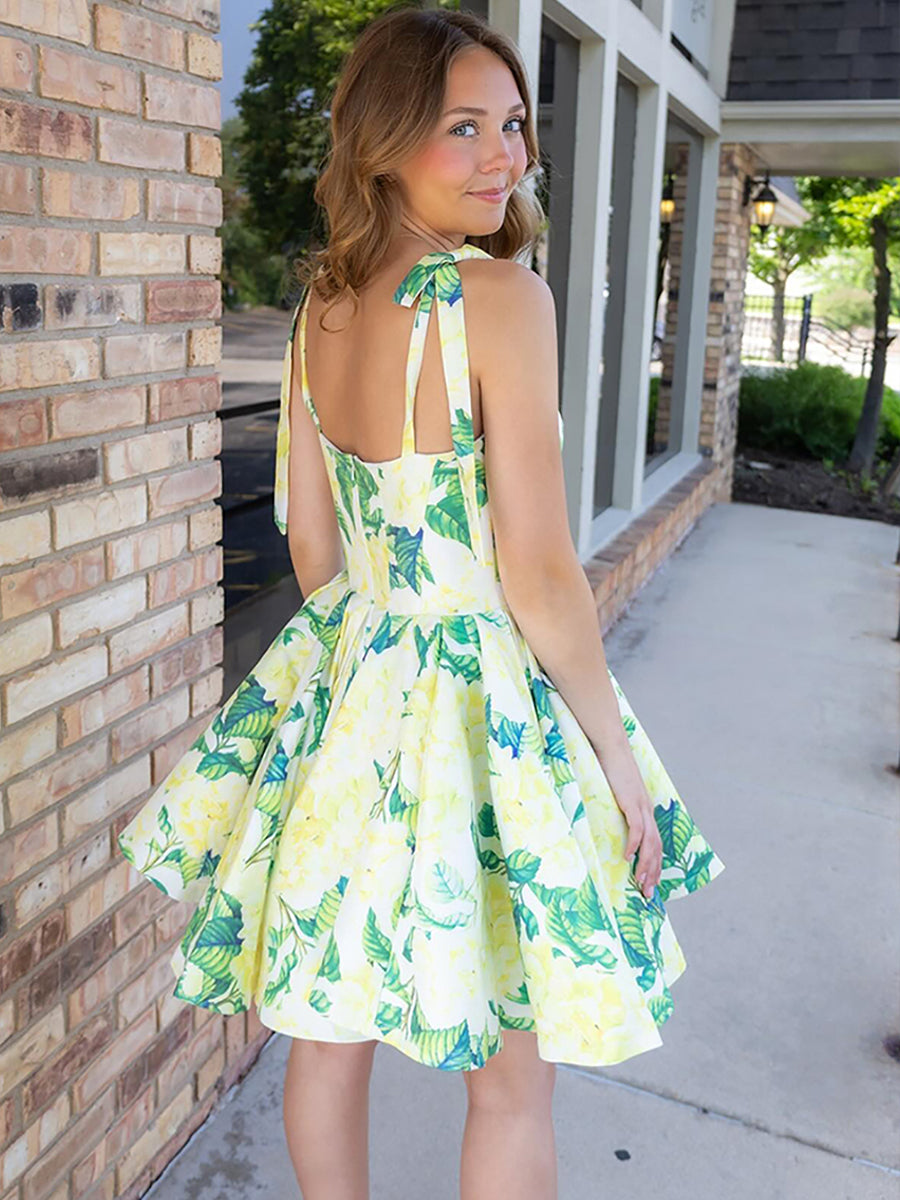 Yellow Floral A Line Short Satin Homecoming Dress