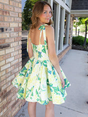 Yellow Floral A Line Short Satin Homecoming Dress