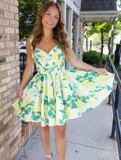 Yellow Floral A Line Short Satin Homecoming Dress