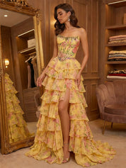 Yellow Floral Print Strapless Tiered Ruffles Corset Prom Dress with Beaded Neckline