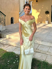 Aqua Mermaid Off The Shoulder Sheath Satin Long Prom Dress