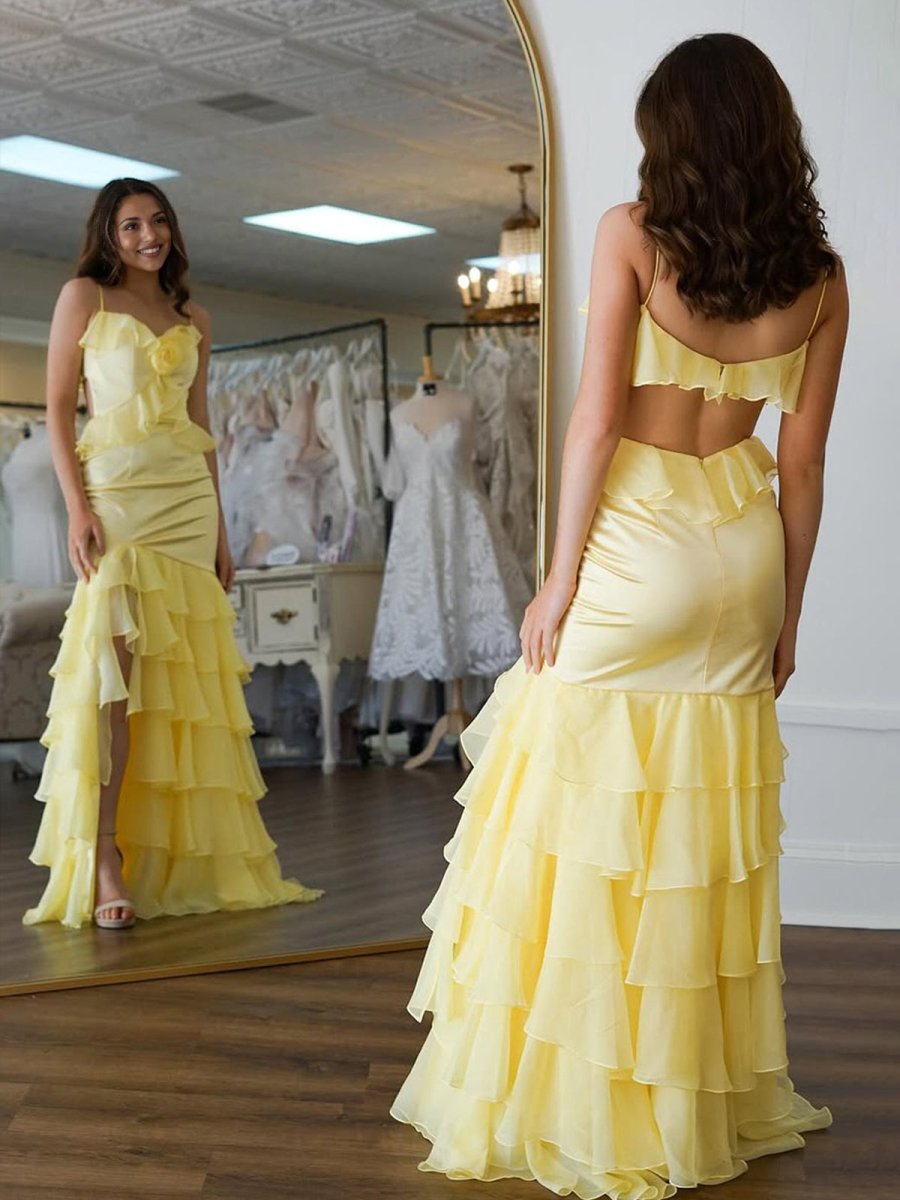 Yellow Mermaid Ruffle Chiffon Long Prom Dress with Flower