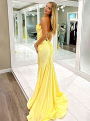 Yellow Mermaid Ruffles Strapless Long Prom Dresses with Slit