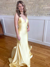 Yellow Mermaid Spaghetti Strap Criss-Cross Back Prom Dress