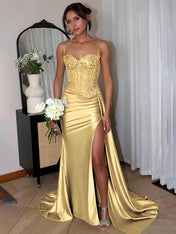 Green Mermaid Spaghetti Straps Bodice Long Prom Dress with Beads