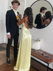 Yellow Mermaid Spaghetti Straps Prom Dress With Slit
