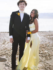 Yellow Mermaid Spaghetti Straps Prom Dress With Slit