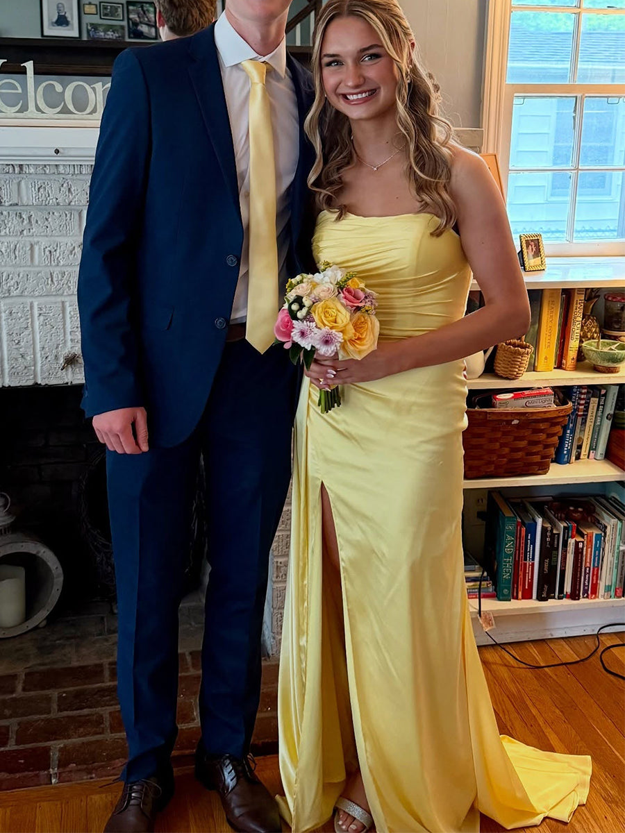 Yellow Mermaid Strapless Long Prom Dress with Slit
