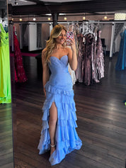 Yellow Mermaid Sweetheart Long Tiered Tulle Prom Dress with Slit