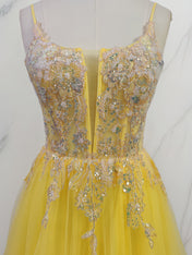 Yellow Metallic Lace Appliqué Tulle Long Prom Dress with Slit