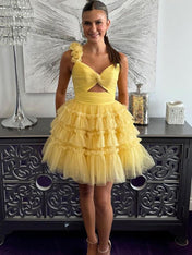 Yellow One Shoulder Lace Up Short Tulle Homecoming Dress