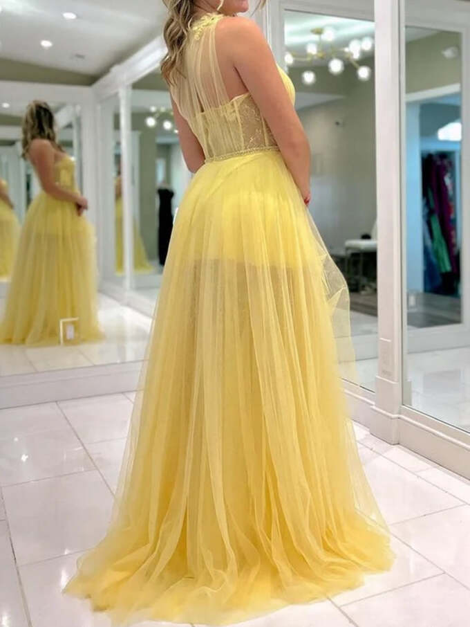 Yellow One Shoulder Tulle Long Prom Homecoming Dress with Flowers