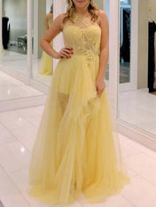 Yellow One Shoulder Tulle Long Prom Homecoming Dress with Flowers
