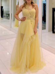 Yellow One Shoulder Tulle Long Prom Homecoming Dress with Flowers