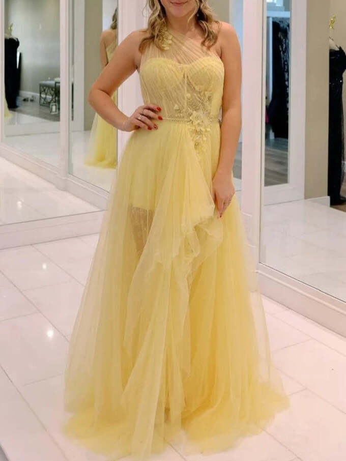 Yellow One Shoulder Tulle Long Prom Homecoming Dress with Flowers