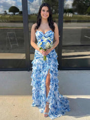 Yellow Print Mermaid Ruffled Tiered Prom Dress with Slit