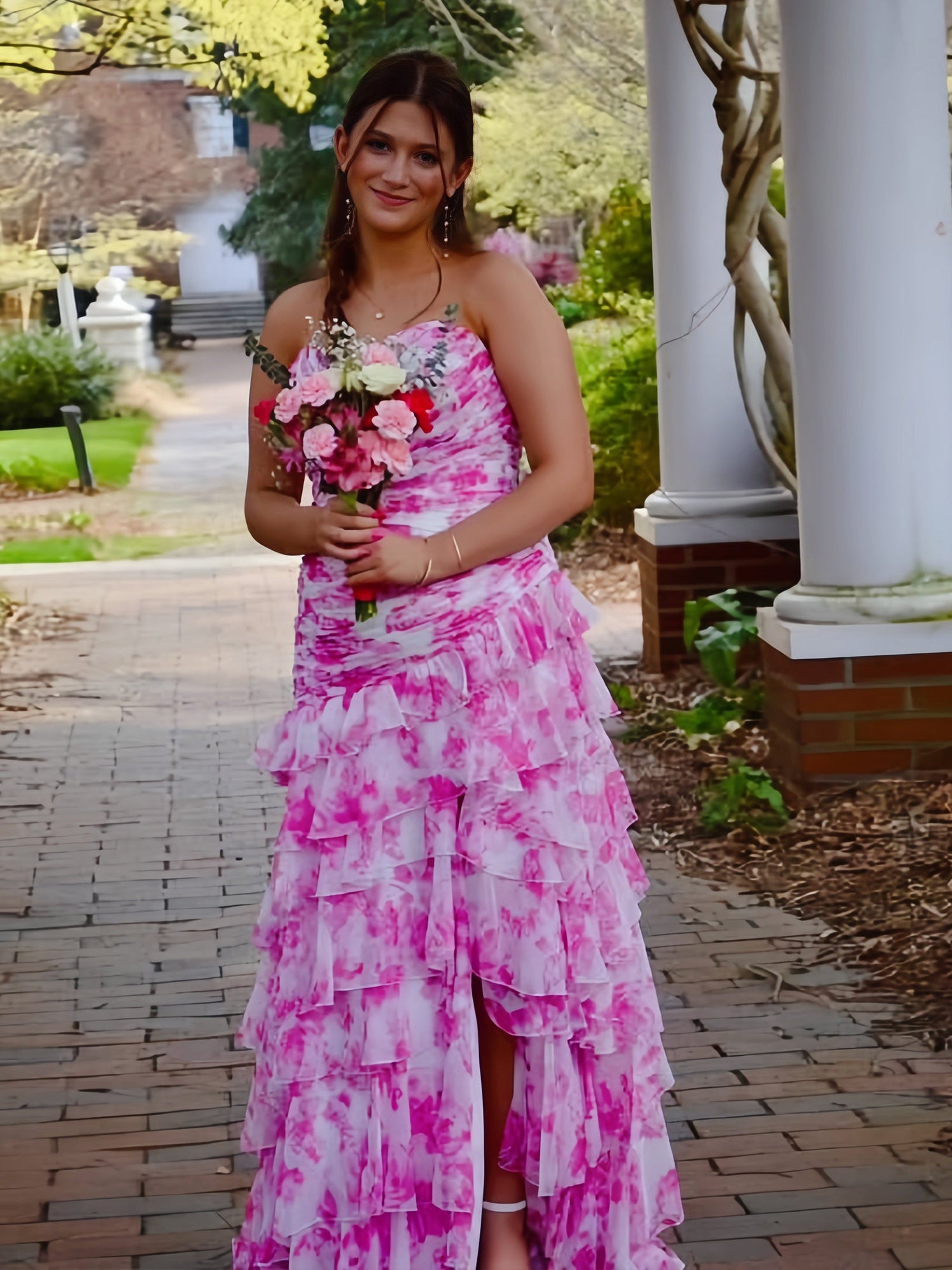 Yellow Print Mermaid Ruffled Tiered Prom Dress with Slit