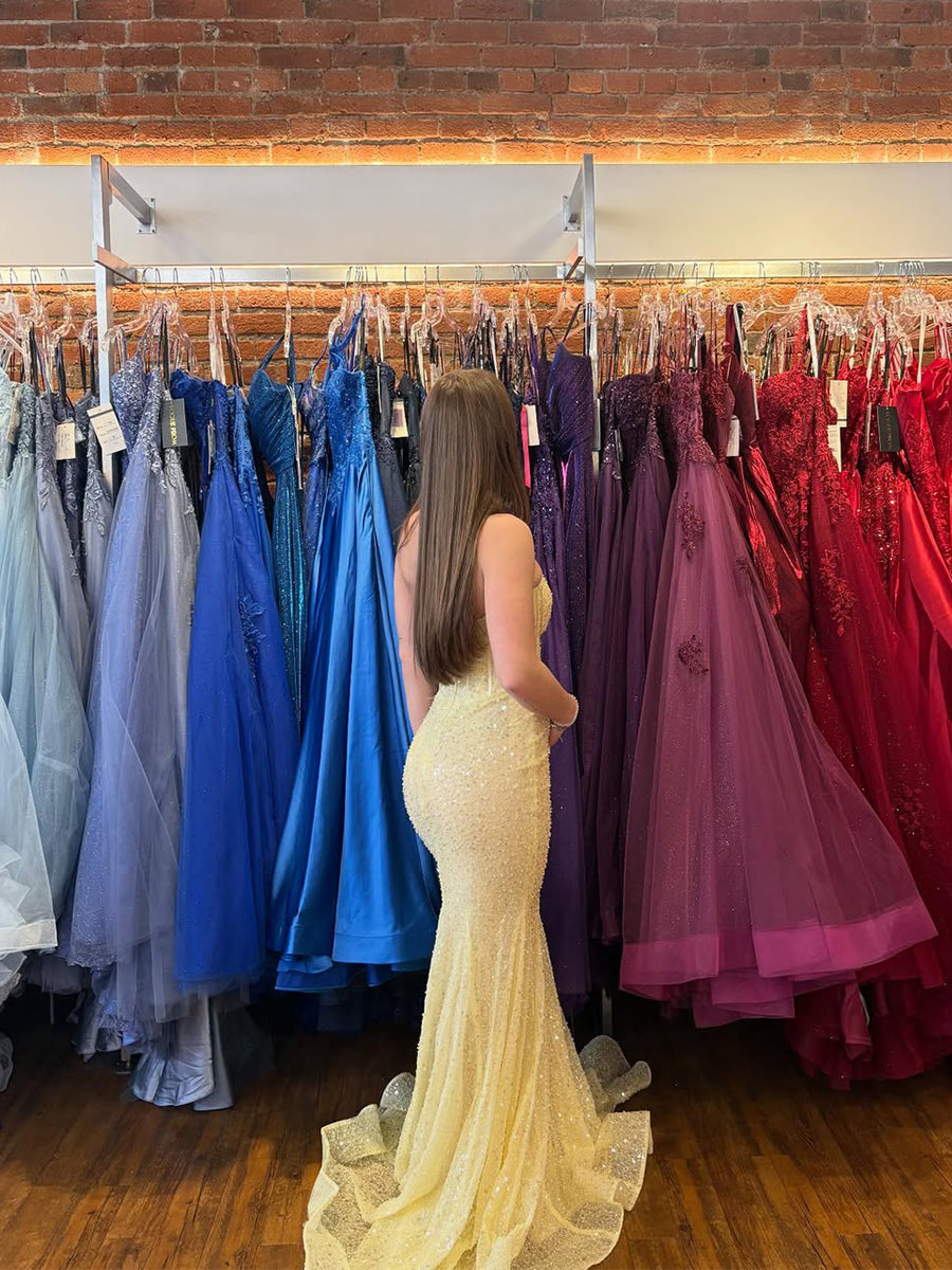 Yellow Sequin Strapless Sweetheart Mermaid Corset Prom Dress