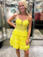 Yellow Spaghetti Straps Lace Appliques Ruffle Short Homecoming Dress