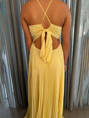 Green Spaghetti Straps Pleated A-Line Empire-Waist Formal Prom Dress