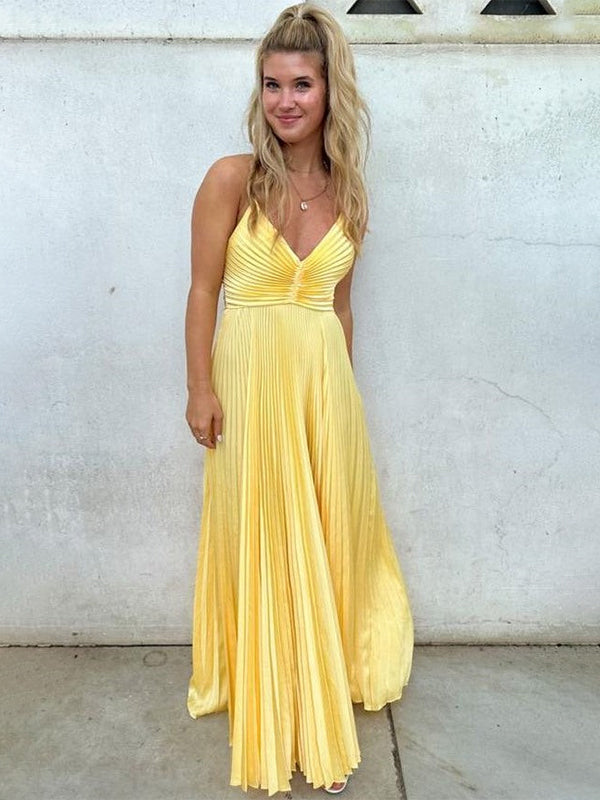 Green Spaghetti Straps Pleated A-Line Empire-Waist Formal Prom Dress