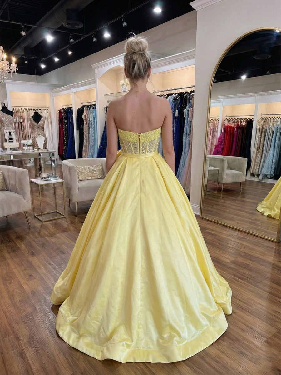 Yellow Strapless Beaded Corset Satin Prom Dress with Bow
