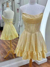 Yellow Strapless Beaded Short Homecoming Dress with Ruffle