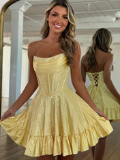 Yellow Strapless Beaded Short Homecoming Dress with Ruffle