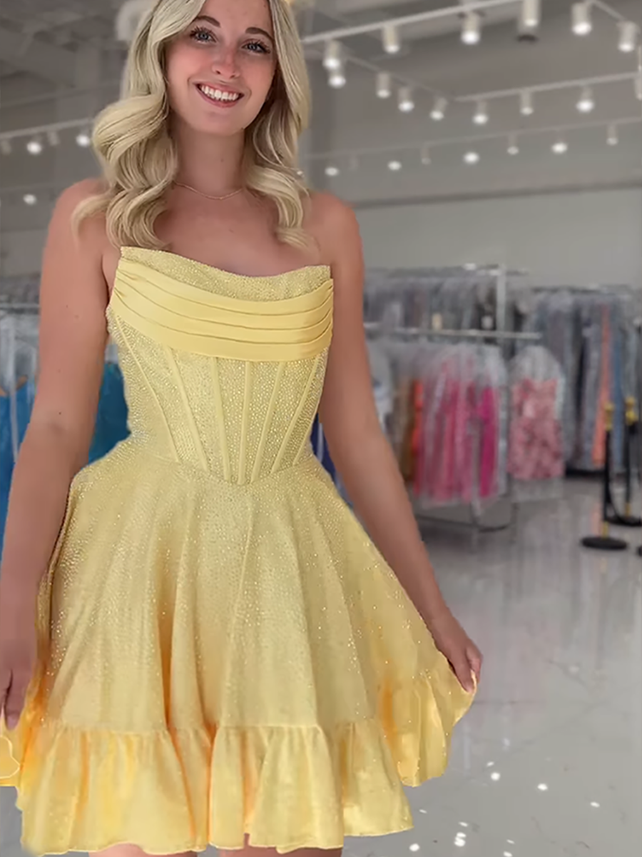 Yellow Strapless Beaded Short Homecoming Dress with Ruffle
