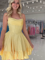 Yellow Strapless Beaded Short Homecoming Dress with Ruffle