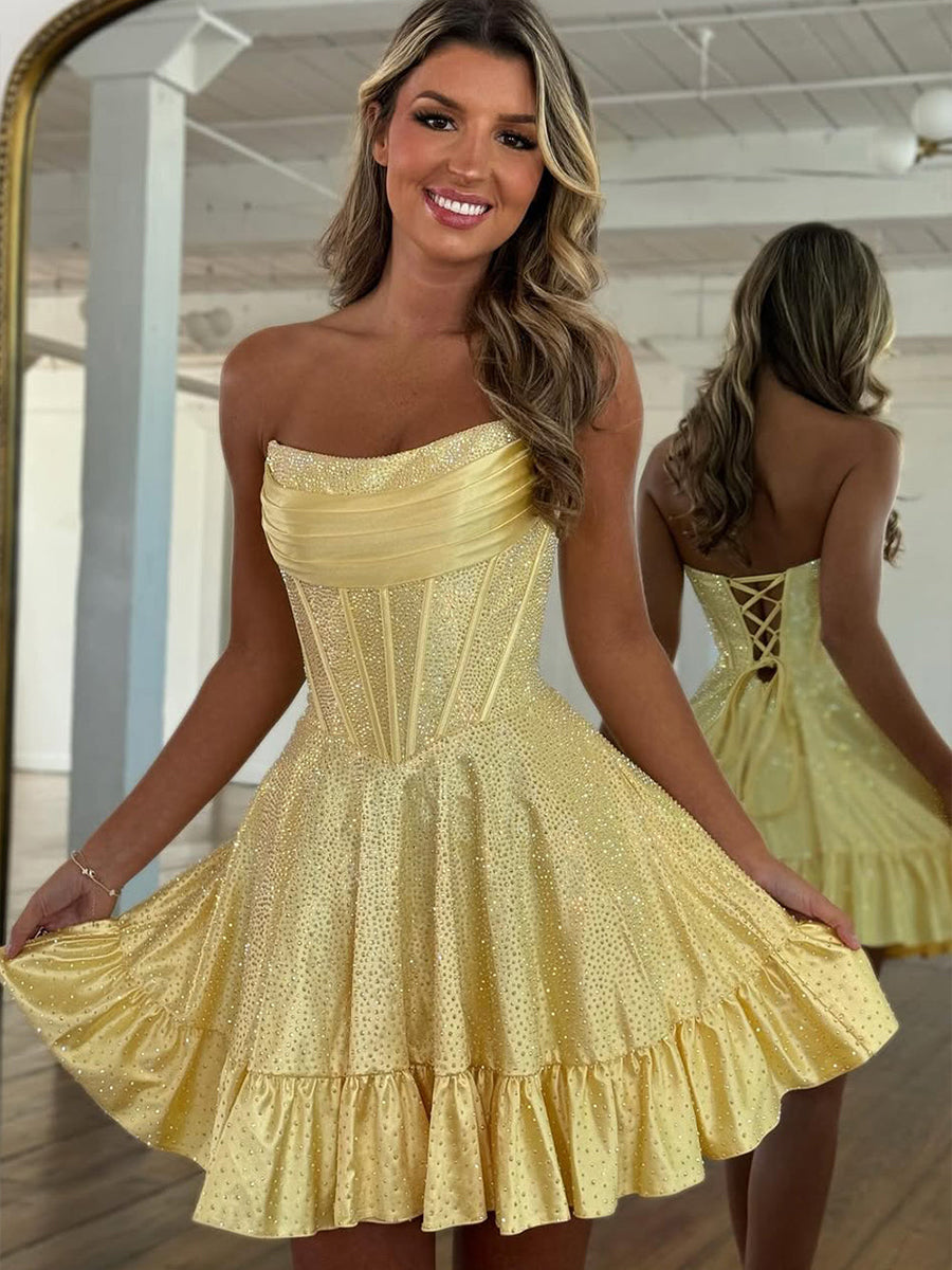 Dreamylily Women Yellow Strapless Beaded Short Homecoming Dress with Ruffle