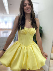 Yellow Strapless Bubble Short Homecoming Dress with Boning