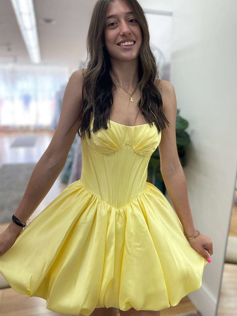 Dreamylily Women Yellow Strapless Bubble Short Homecoming Dress with Boning Dreamylily Women Yellow Strapless Bubble Short Homecoming Dress with Boning