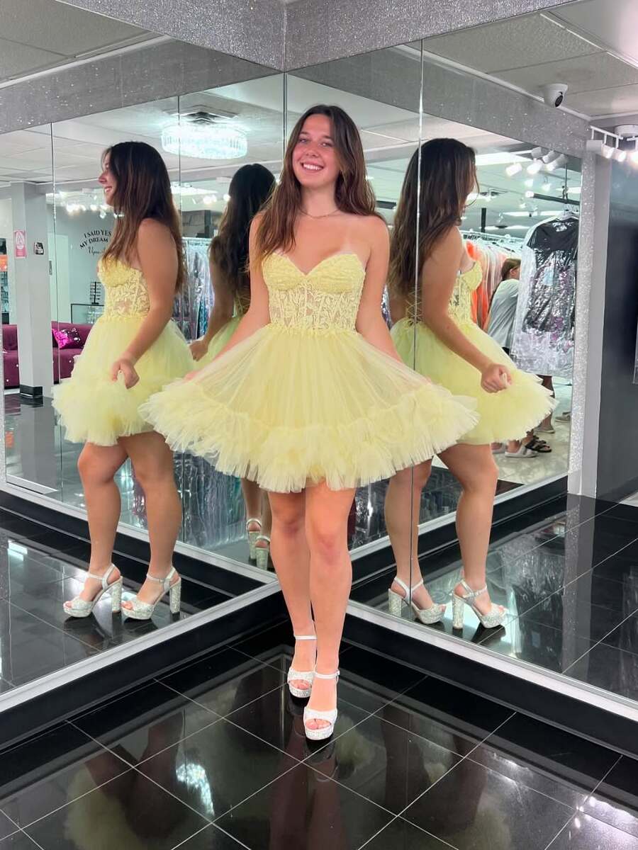 Yellow Strapless Corset A Line Short Homecoming Dress with Ruffles