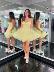 Yellow Strapless Corset A Line Short Homecoming Dress with Ruffles