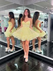 Yellow Strapless Corset A Line Short Homecoming Dress with Ruffles