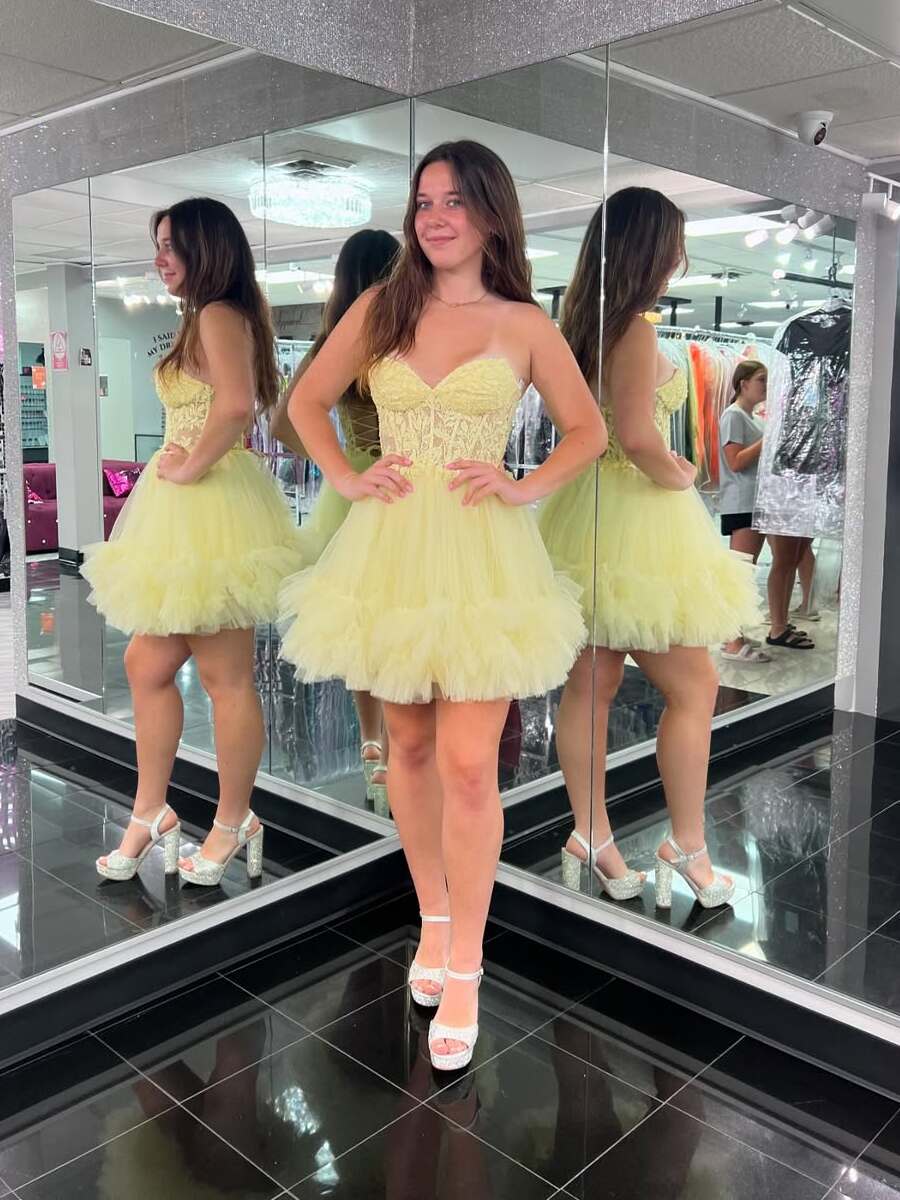 Yellow Strapless Corset A Line Short Homecoming Dress with Ruffles