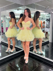 Yellow Strapless Corset A Line Short Homecoming Dress with Ruffles