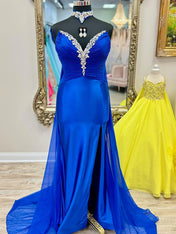 Yellow Strapless Crystal Plunge Neckline Satin Prom Dress with Slit