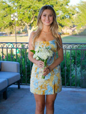 Yellow Strapless Jacquard Short Homecoming Dress with Slit