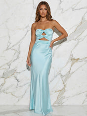 Yellow Strapless Knot Front Satin Fitted Long Prom Party Dress