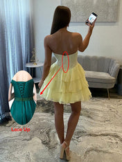 Yellow Strapless Sheer Bodice Tiered Short Homecoming Dress with Crystal
