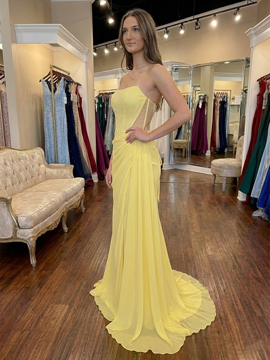 Yellow Strapless Sweetheart Corset Ruched Prom Dress with Slit