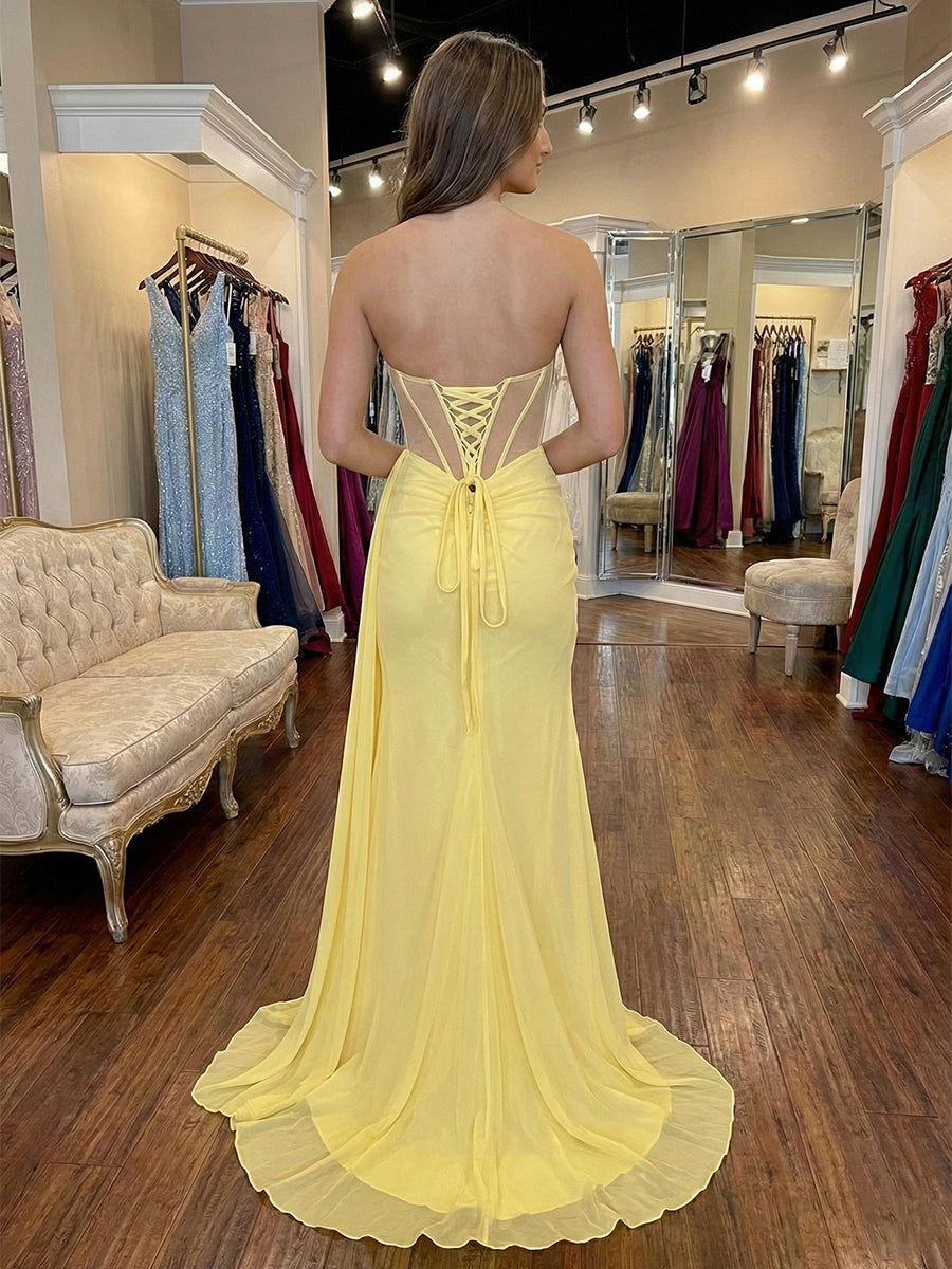Yellow Strapless Sweetheart Corset Ruched Prom Dress with Slit