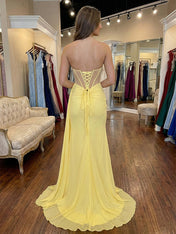 Yellow Strapless Sweetheart Corset Ruched Prom Dress with Slit