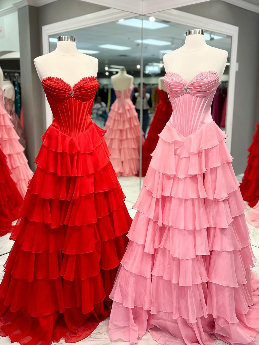 Yellow Strapless Tiered Ruffle Corset Prom Dress with High Slit