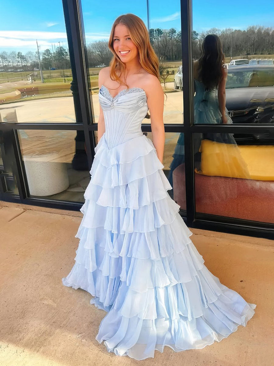 Yellow Strapless Tiered Ruffle Corset Prom Dress with High Slit