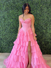 Yellow Strapless Tiered Ruffle Corset Prom Dress with High Slit